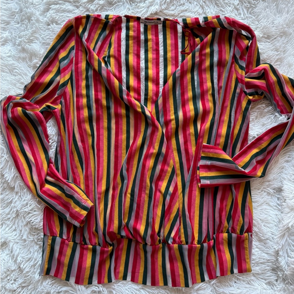 Zara Multicolor Striped V-Neck Wrap-Style Sweater